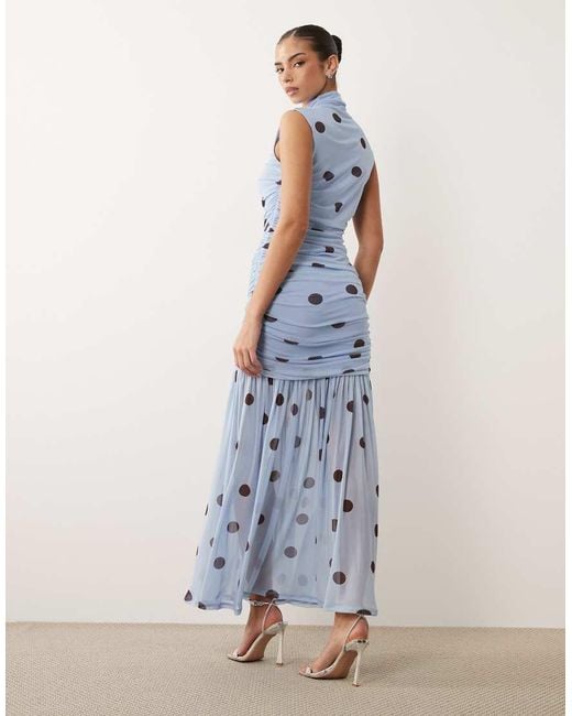 ASOS Blue Printed Polka Dot Ruched Drop Waist Circle Dress With Grown-on Neck