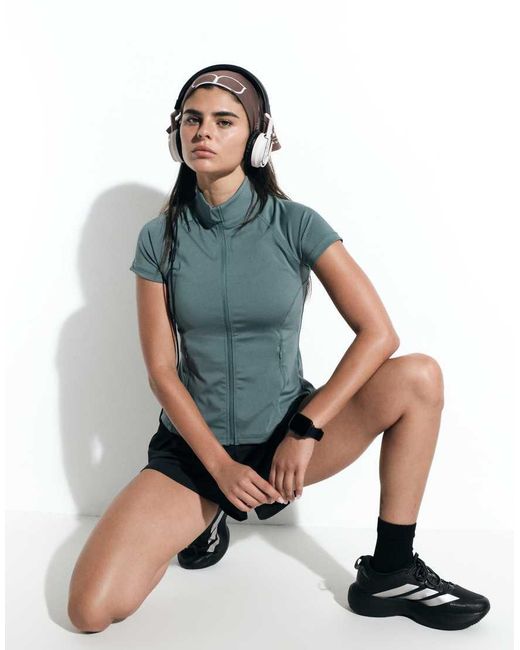 4505 Green Active Zip Up Short Sleeve Running Jacket With Zip Pockets