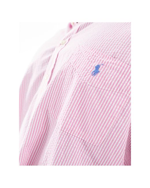 Polo Ralph Lauren White Big & Tall Icon Logo Short Sleeve Stripe Seersucker Shirt Classic Oversized Fit for men
