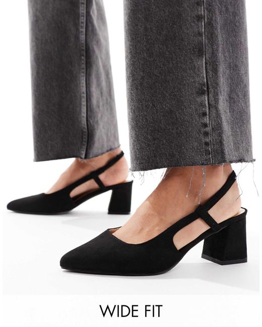 SEQWL Wide Fit Black Pointed Sling Back Block Heeled Shoes