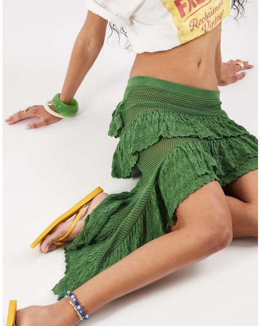 Reclaimed Vintage Green Crochet Tiered High Low Skirt