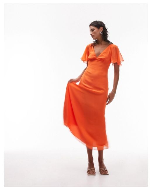 TOPSHOP Orange V Neck Angel Sleeve Midi Dress With Cut Out Back