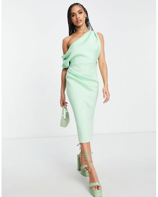 ASOS Synthetic Fallen Shoulder Pleat Back Midi Dress in Green Lyst