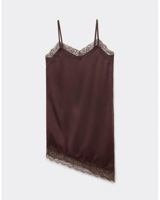 Tezenis Brown Asymmetric Satin And Lace Slip Dress