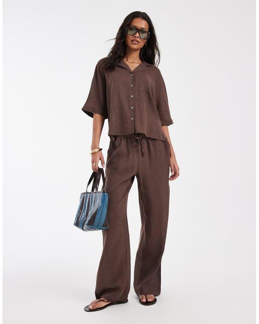ONLY Brown Linen Blend Short Sleeve Shirt