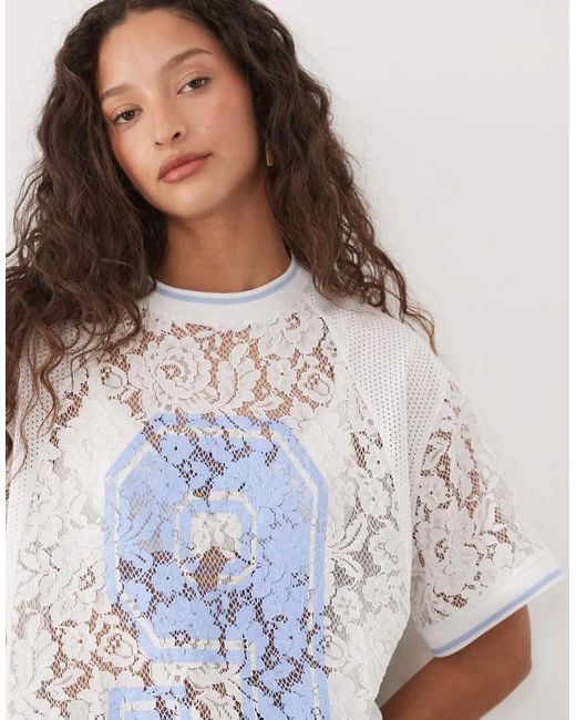 ASOS White Oversized Lace Top With Football Graphic