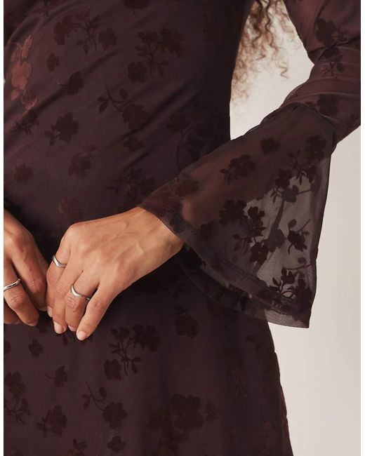 ASOS Brown Flocked Floral Mini Dress With Flute Sleeve