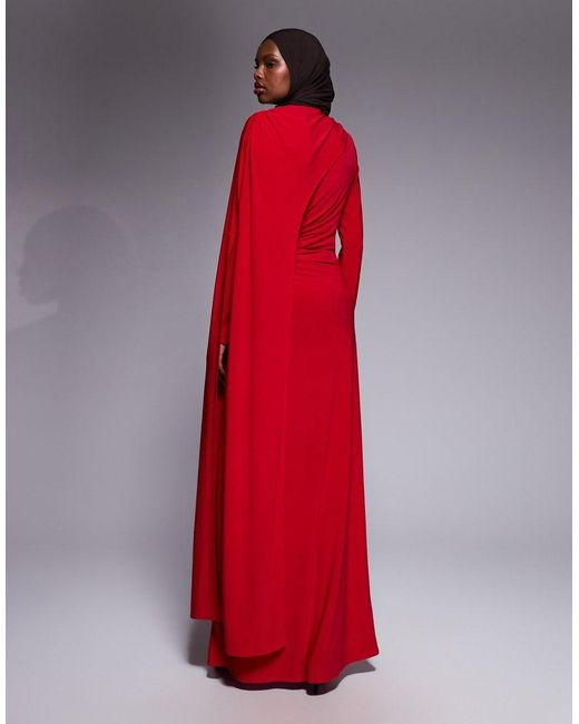 DASKA Red Slinky Cape Detail Maxi Dress