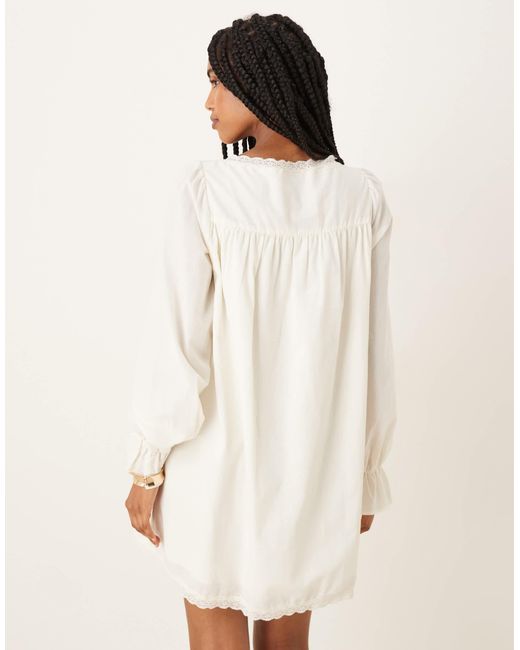 ASOS Natural Cotton Lace Trim Long Sleeve Babydoll Mini Dress