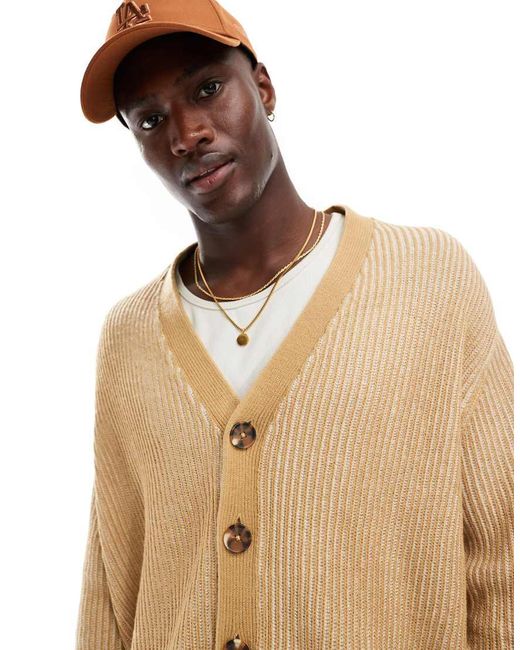 ASOS Natural Oversized Knitted Plated Fisherman Rib Cardigan for men