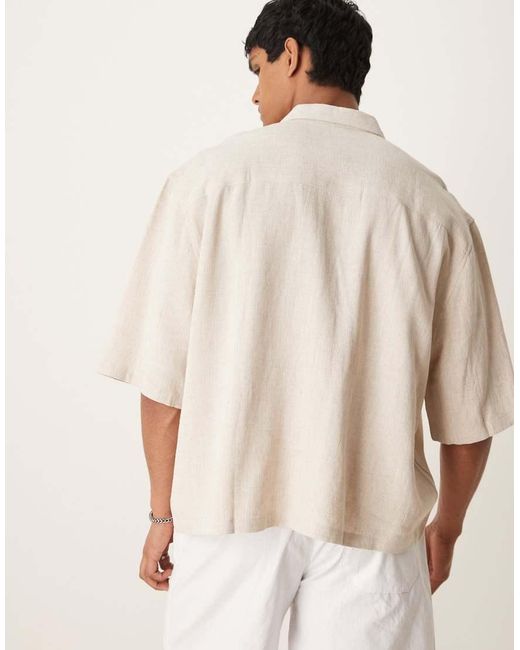 ASOS Natural Premium Linen Blend Boxy Oversized Shirt With Chest Embroidery for men