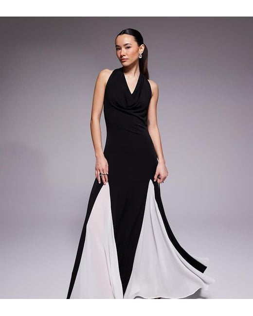 TFNC London Black Halter Neck Chiffon Contrast Godet Maxi Dress