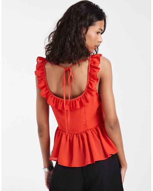 ASOS Red Chiffon Ruffle Detail Top