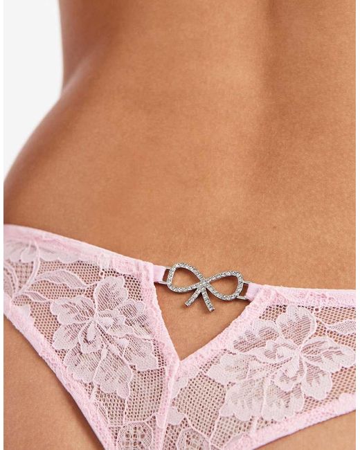 Lindex Pink Lace Thong With Hardware Bow Detail