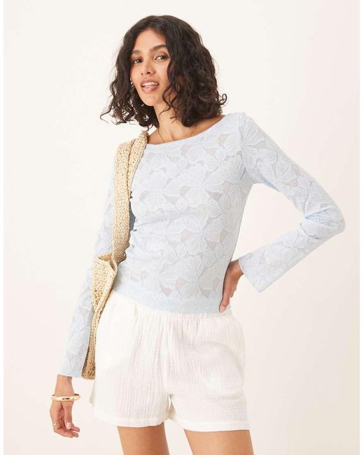 Gina Tricot Natural Sheer Structured Long Sleeve Lace Jersey Top With Fluted Sleeves