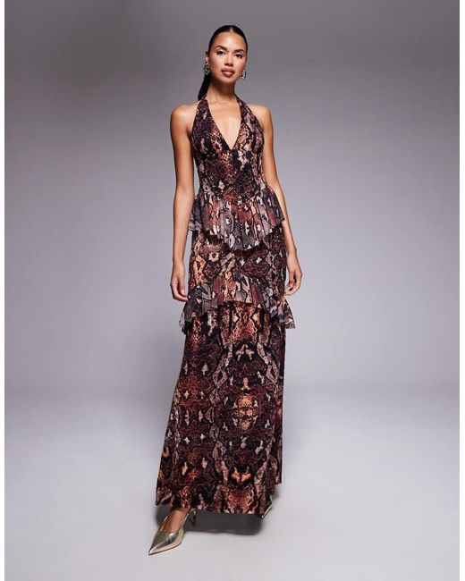 AFRM Purple Crochet Lace Halterneck Maxi Dress With Ruffled