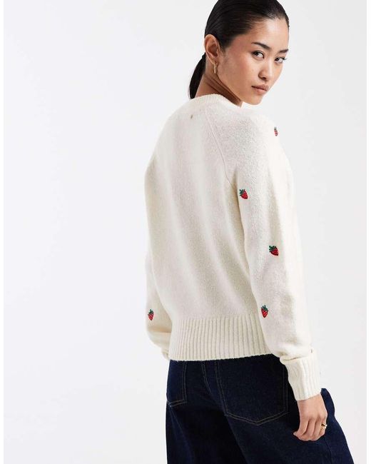 Threadbare Natural Contrast Stitch Cardigan With All Over Strawberry Embroidery