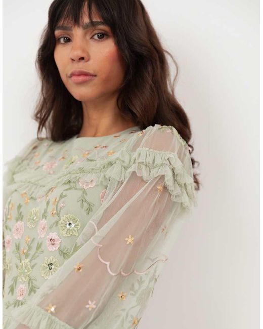 Maya Natural Floral Embroidery Long Sleeve Frill Maxi Dress