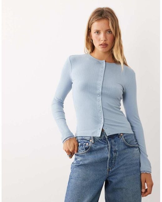 Miss Selfridge Blue Brushed Rib Lace Cuff Cardigan