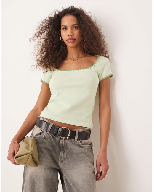 ASOS Brown Square Neck Short Sleeve Waffle Top With Blanket Stitch