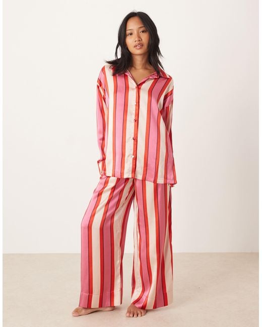 ASOS Red Asos Design Petite Oversized Satin Stripe Shirt And Trouser Pyjama Set