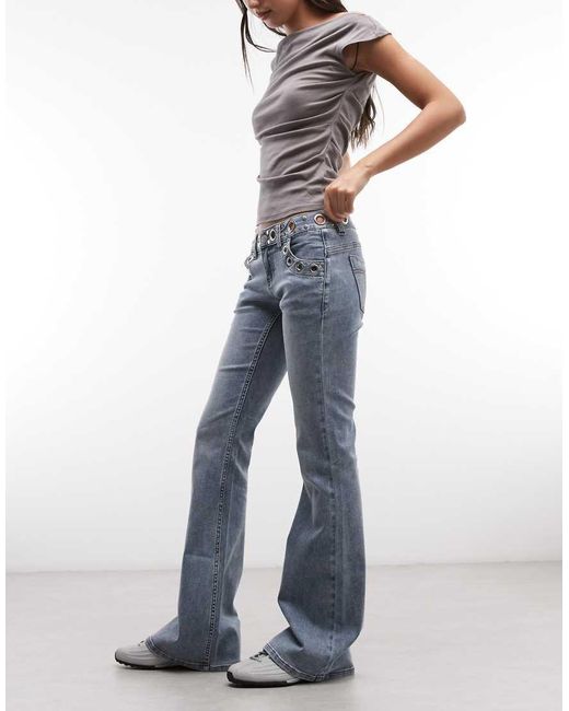 The Ragged Priest Blue Low Rise Flare Jeans With Grommet Waistband