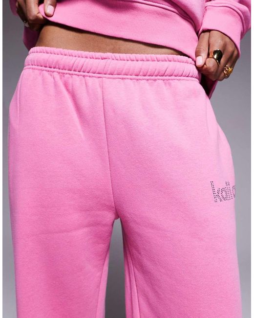 Kaiia Pink Exclusive Cotton Rich Diamante Logo Wide Leg joggers Co-ord
