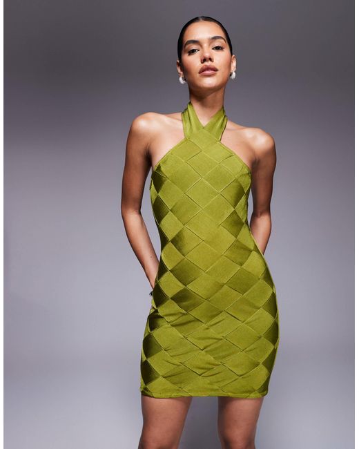 ASOS Green Bandage Checkerboard Halterneck Mini Dress