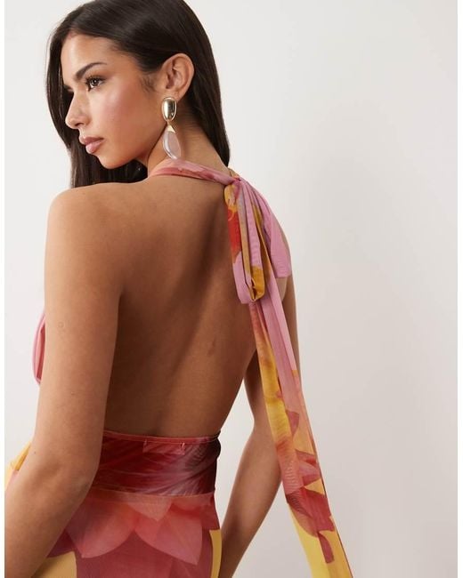 Kaiia Red Exclusive Plunge Choker Sheer Hem Detail Maxi Dress