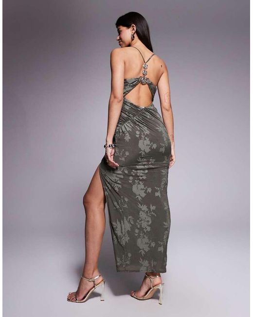 ASOS Gray Cowl Halter Neck Burnout Maxi Dress With Gold-tone Hardware