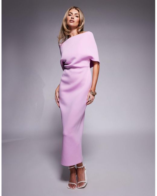 ASOS Purple Scuba Deep Bardot Midi Dress With Cape Back Detail