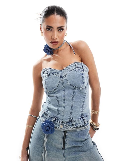 SIMMI Blue Simmi Denim Structured Sweetheart Neck Corset Top With Corsage Choker Co-ord