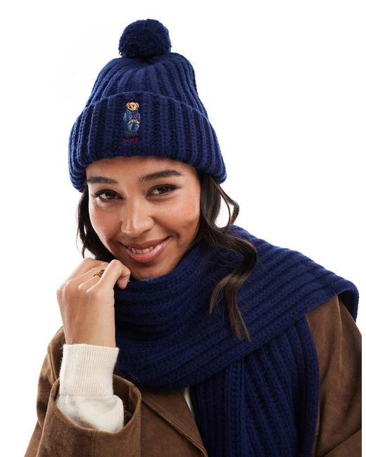 Polo Ralph Lauren Blue Knit Bobble Hat With Bear Logo