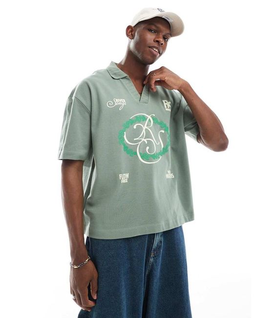 ASOS Green Boxy Oversized Pique Polo With Front Print for men