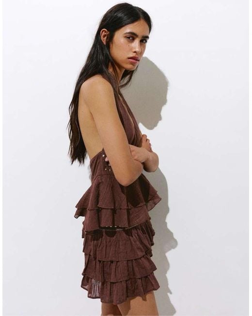 Pull&Bear Brown Halter Top With Ruffle Studs