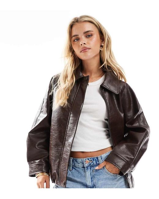 ASOS Brown Asos Design Petite Leather Look Oversized Bomber Jacket