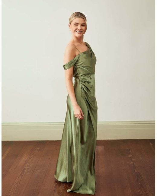 Six Stories Green Bridesmaid Satin Asymmetric Cowl Neck Maxi Dress
