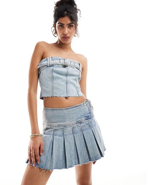 Pull&Bear Blue Belt Detail Pleated Denim Mini Skirt Co-ord