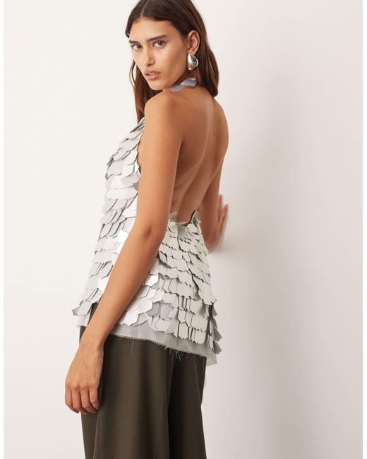 ARRANGE White Embellished Shard Sequin Longline Halter Neck Top