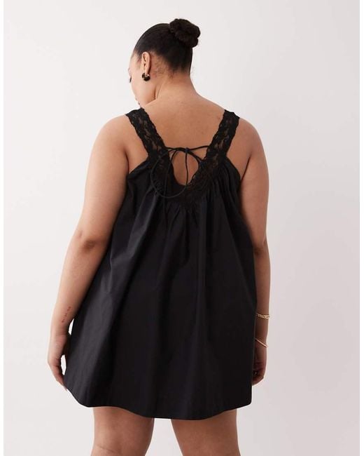 ASOS Black Asos Design Curve V Neck Smock Poplin Mini Sundress With Lace Overlay
