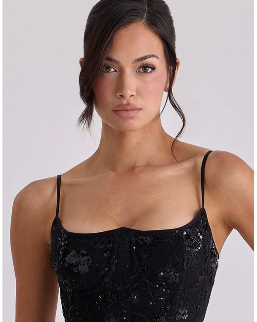 House Of Cb Black Naima Hand Beaded Embellished Corset Maxi Dress