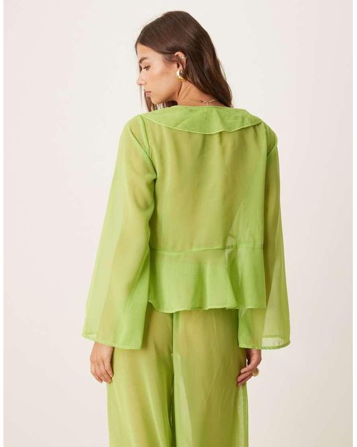 esmé studios Green Esmee Exclusive Mesh Long Sleeve Beach Crop Top Co-ord With Ruffle Detail