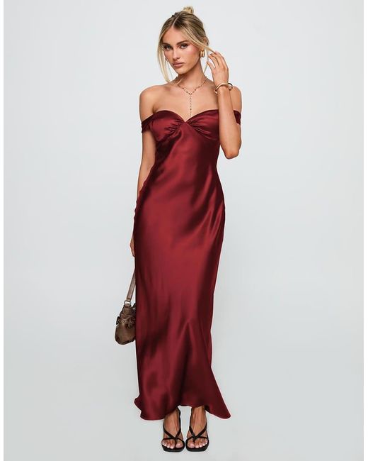 Princess Polly Red Heartthrobs Satin Ruched Bust Off Shoulder Open Back Maxi Dress