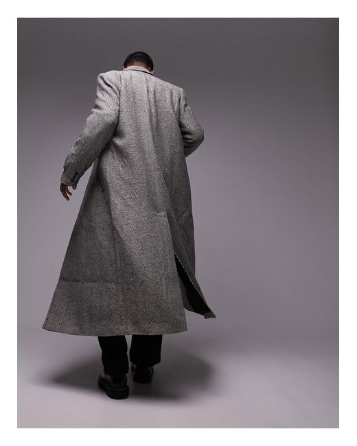 Topman Gray Double Breasted Herringbone Overcoat for men