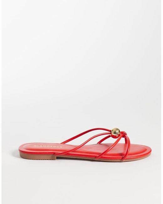 Glamorous Red Flat Sandals With Gold Detail