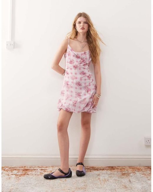 Reclaimed Vintage Pink Mini Dress With Puffball Hem N Floral Check