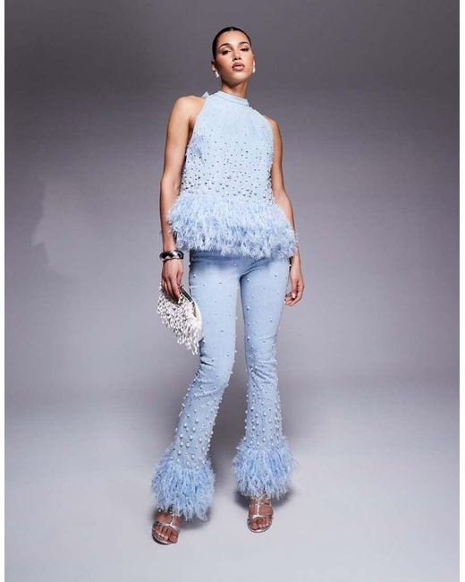 ASOS Blue Co-ord Embellished Pearl Denim Jean With Faux Feather Hem