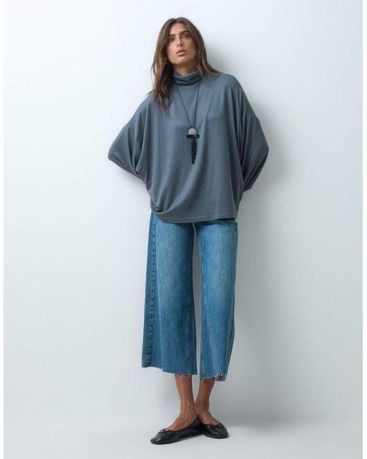 ASOS Blue Drapey Batwing Turtle Neck Long Sleeve Top