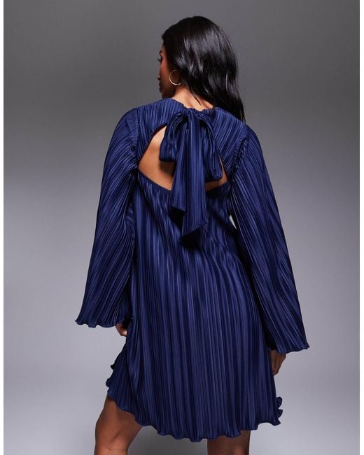 ASOS Blue Asos Design Petite Plisse Wide Sleeve Mini Dress With Back Bow Detail
