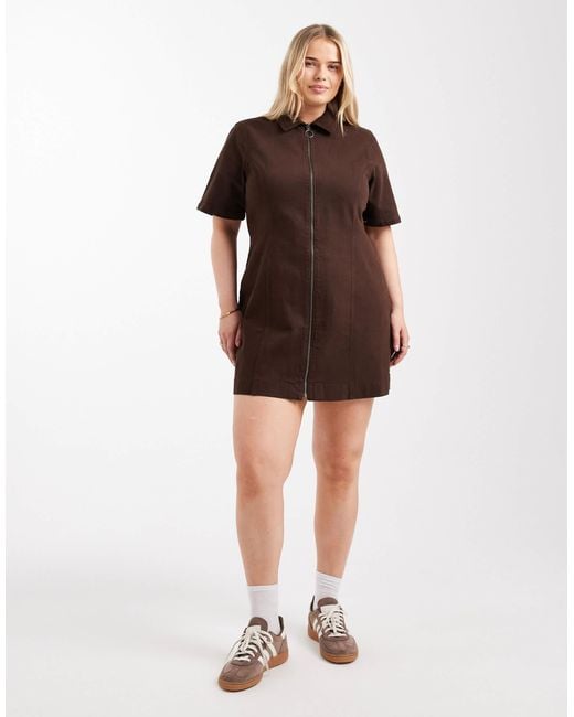 ASOS Brown Asos Design Curve Denim Short Sleeve Mini Dress With Zip Through